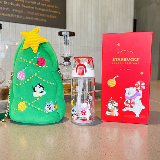 Starbucks × Thermos China 550ml 2021 Christmas penguin straw cup with plush Christmas tree cup bag