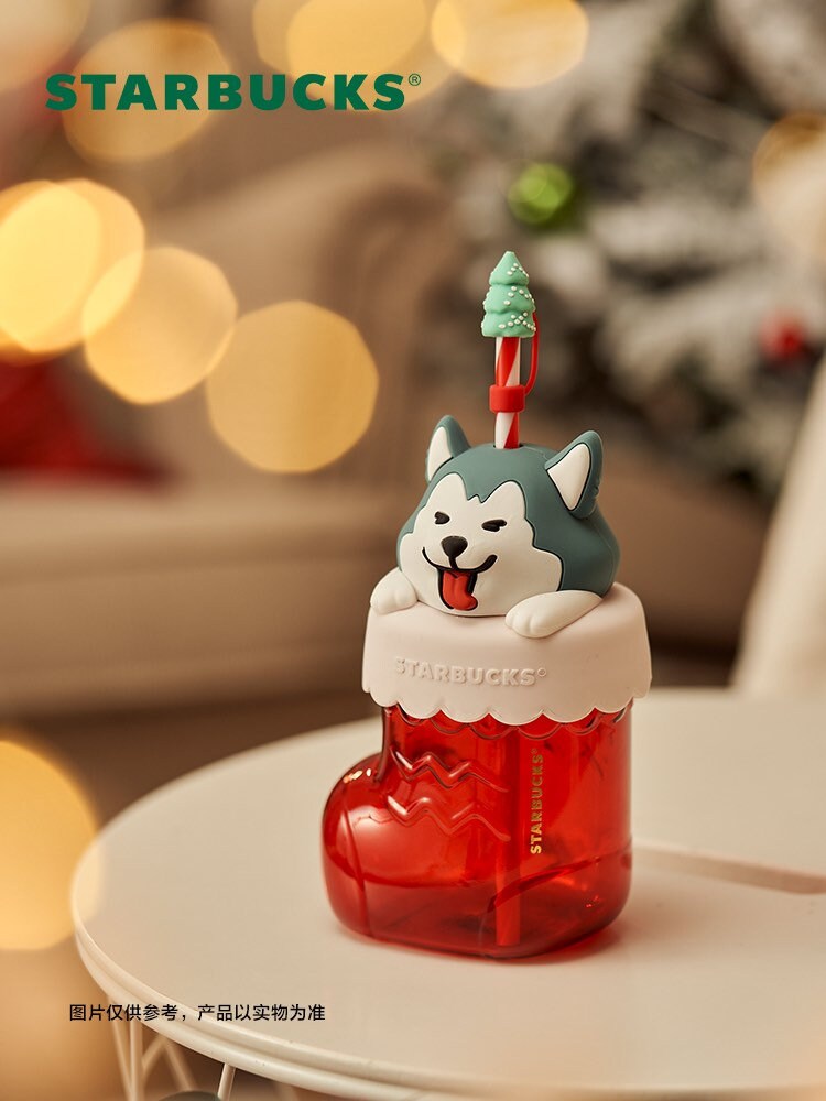 Starbucks China 600ml 2021 Christmas Husky socks glass cup with straw