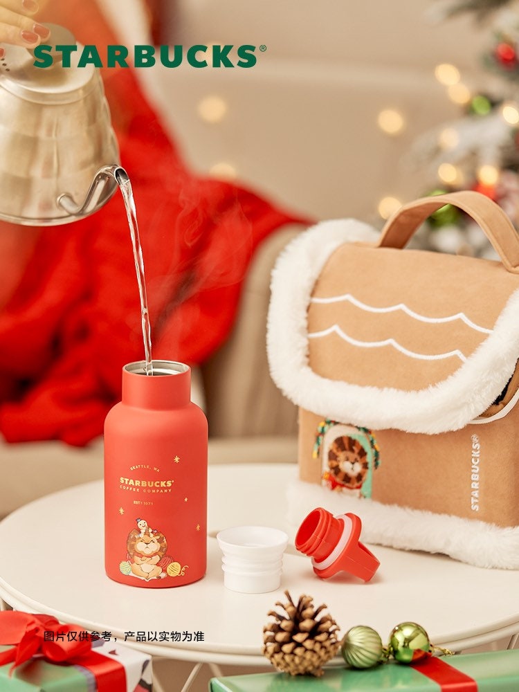 Starbucks China 355ml 2021 Christmas red lion vacuum cup with snowhouse bag