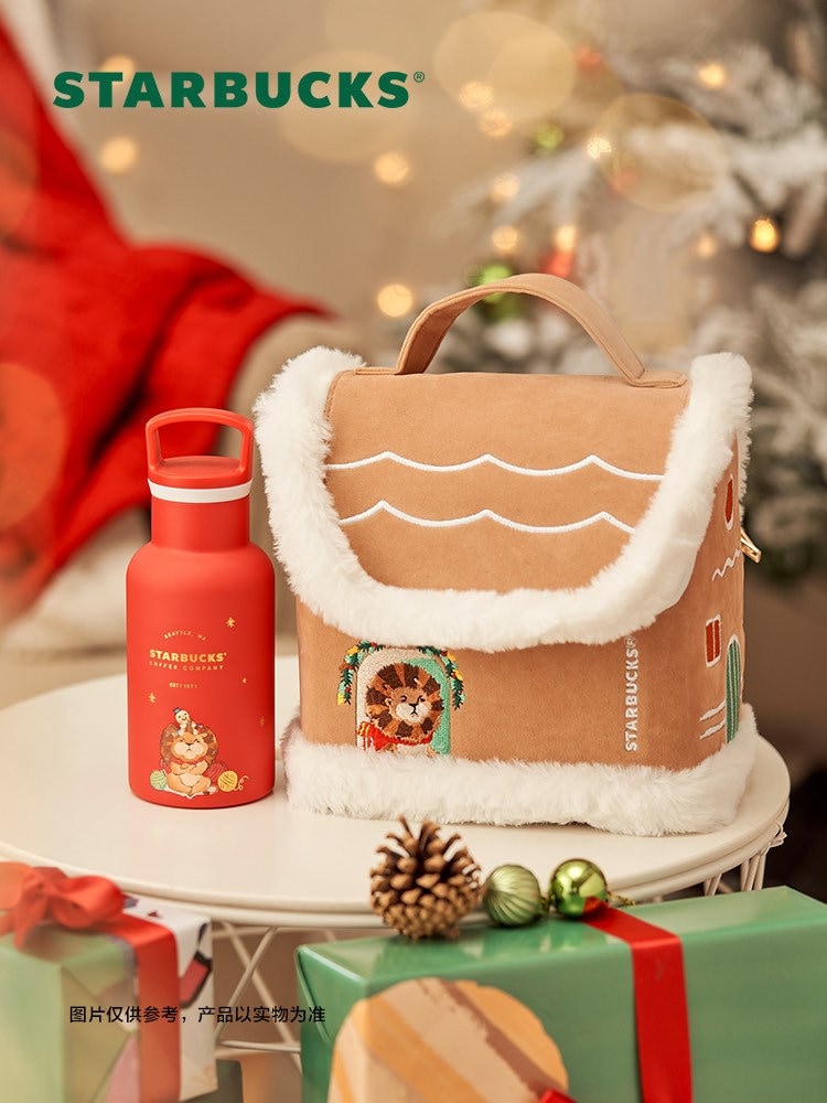 Starbucks China 355ml 2021 Christmas red lion vacuum cup with snowhouse bag