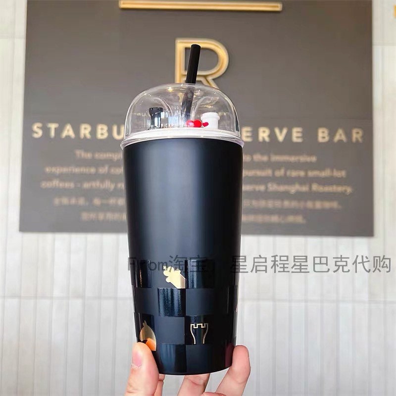 Starbucks China 473ml Valentine‘s Day chess series white&black chess board and piece stainless cup with straw