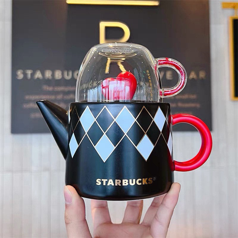 Starbucks China 225+505ml Valentine‘s Day chess series white&black chess board heart ceramic pot with glass cup set