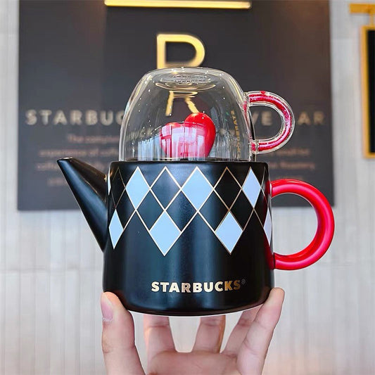 Starbucks China 225+505ml Valentine‘s Day chess series white&black chess board heart ceramic pot with glass cup set