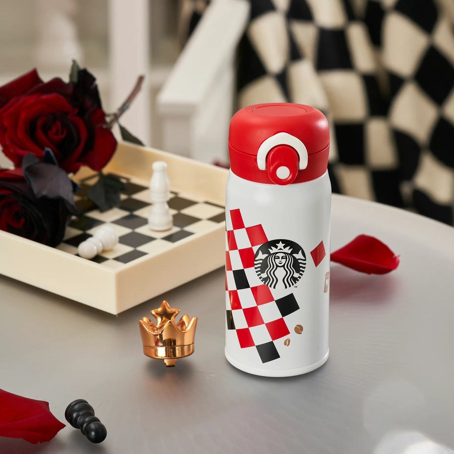 Starbucks × Thermos China 350ml Valentine‘s Day chess series white&red chess board golden crown vacuum cup
