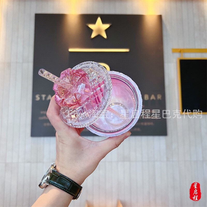 Starbucks China 710ml Valentine‘s Day series sparkling crown pink gradient double-layer straw cup
